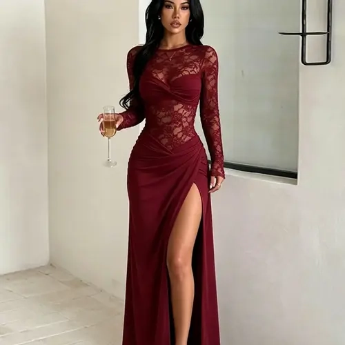 Lace Patchwork Split Dress, Elegant Women's Fashion, Perfect for Special Occasions, Stylish and Comfortable Design, Ideal Gift Choice, Formal Wear