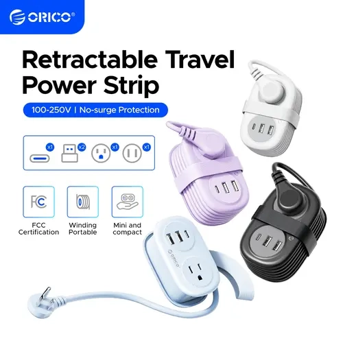 ORICO Travel Power Strip, 3.7FT Small Extension Cord, Portable Power Strip Flat Plug with 2 AC Outlets 3 USB Ports (1 USB C), Multi Plug Extension Cord for Travel, Cruise, Office, Hotels -AP3-2A-B
