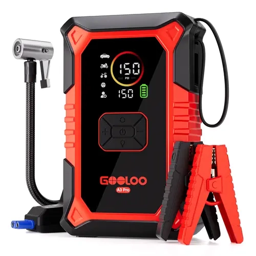 GOOLOO A3 Pro Compact Car Tire Inflator - 3000A 12V Portable Pump, 150 PSI Max Display, Red Clips, 9.0L Gas Compatibility, 30W Fast Charger, 12000mAh Capacity