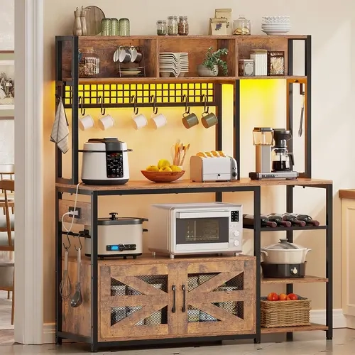 Sikaic 47.2" Coffee Bar Cabinet with Power Outlet & Storage, Farmhouse Bakers Rack with Microwave Stand, Wine Rack, Iron Mesh Shelves & 8 S-Hooks, Rustic Brown Christmas Gifts cozy home familyfun [TikTokShopblackfriday]