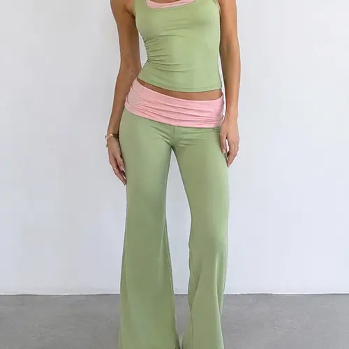 Women's Colorblock 2-Piece Casual Lounge Set, Summer Halter Vest and Long Flared Pants, Comfortable Bodycon Knit Outfit for Daily Wear and Streetwear
