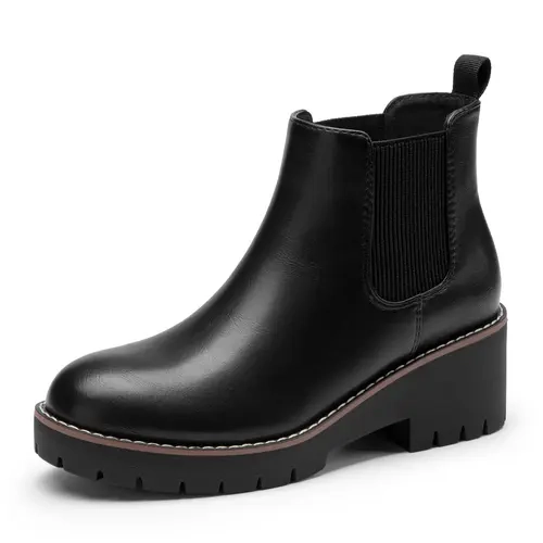 Athlefit Women's Slip-On Chelsea Ankle Booties - 2.36 in Low Heel, Round Toe, Lug Outsole, Rubber&Leather, Retro Casual, Slip-Resistant, Footwear Fashion, Walking Everyday Shoes for Fall Winter