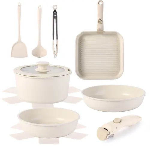 12-Piece Nonstick Cookware Set with Detachable Handle, Silicone Spatula, Ladle, Lids, Square Pans & Pots, Induction-Safe for RV Cooking