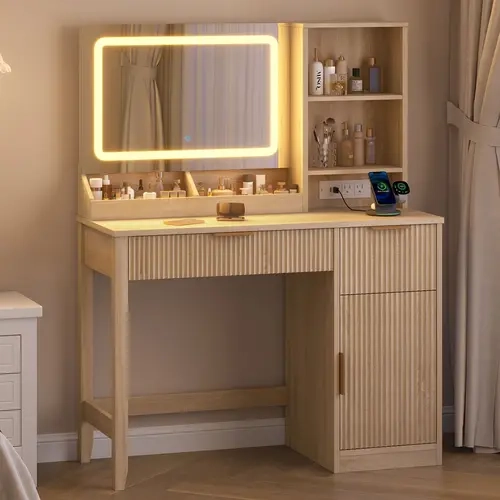 Sikaic Fluted Makeup Vanity Desk with LED Mirror & Charging Station, Large Wooden Dressing Table with Drawers and Shelves, Hidden Space & Cabinet for Bedroom, Women and Girls, Best Gift Ideas Christmas Gifts  modern cozy home familyfun [TikTokShopblackfri