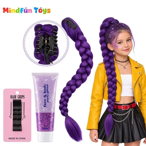 Face Body Glitter Gel & Girl Role Play Wig,26-Inch Braided Hair,Halloween Cosplay Costume Wig for Kids,purple hair extensions