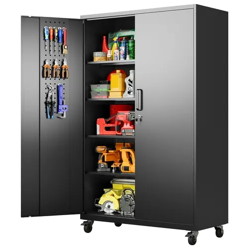 Letaya Extra Wide & Deep Metal Storage Cabinet with Wheels,20" Depth Rolling Garage Storage Cabinet with Lock,Black Metal Cabinet with Pegboards and Adjustable Shelves for Garage,Home,Office
