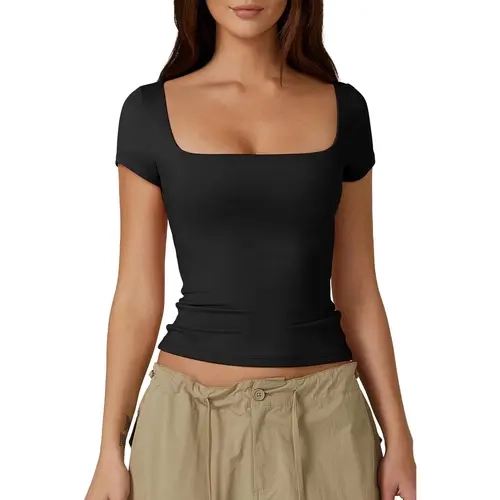 QINSEN Women's Square Neck Short Sleeve Double-Layer Tops Basic Slim Fit Going Out T Shirt