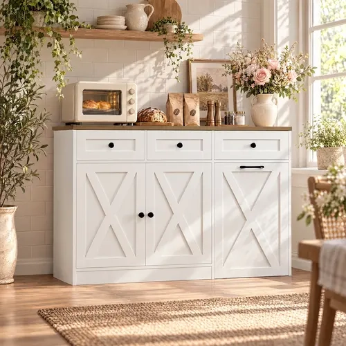 HOSTACK 47"W Rectangular Engineered Wood Durable Indoor Cabinet - 13 Gal High Capacity Kitchen Furniture with Multiple Drawers, Hidden Panel Cabinet Enclosure for Modern Kitchen Organization