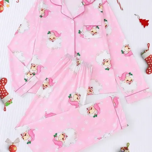 Christmas Pajama Set for Women, Cute Santa Print, Button Front Long Sleeve Top, Comfortable Loose Pants, Casual Holiday Sleepwear, Loungewear