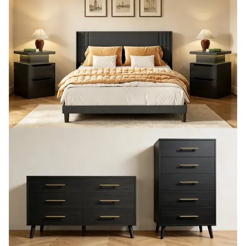 Gizoon Modern 5-Piece Bedroom Furniture Set - King Size Bed Frame with Headboard, Multi-Drawer Dresser Set, 2-Piece Nightstand with Ample Storage Drawers, Bedroom Dresser Sets