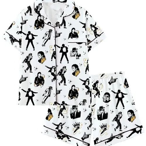 Vintage Music Singer Idol Lapel Short Sleeve Pajama Set, Comfortable Sleepwear and Loungewear for Home and Outdoors, Perfect Gift for Relaxing Nights