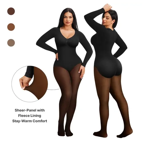 SHAPELLX Sheer-Panel Fleece-Lined Bodysuit | Tummy Control & Butt Lift | 3 Sheer Shades