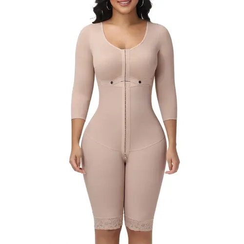 JOSHINE Women Full Body 3/4 Sleeve Silhouette Smoothing Body Shaper, Fajas Moldeadoras Adjustable Hook‑Eye Shapewear with Open‑Crotch Zipper