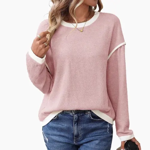 Sohochic Women's Loose-Fit Crewneck Knitwear - Casual Basics Long Sleeve Tops, Color Block Sweater, Fall Winter Clothes