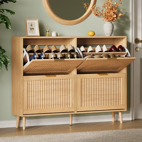 XIXINI Freestanding Footwear Organizer - 36" Tall Narrow MDF & Metal Fluted Wood Shoe Storage Cabinet, 4 Flip Drawers, Chic Entryway Storage for Front Door, Hallway