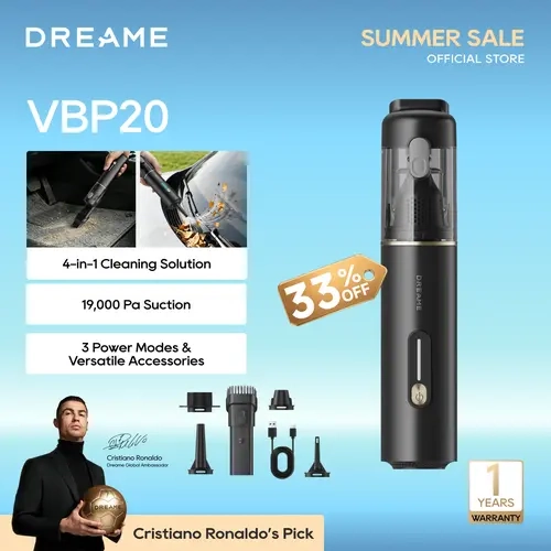 DREAME VBP20 Lightweight Cordless Handheld Vacuum Cleaner - 4-in-1, 19000Pa Suction, 60m/s Blower, 60-Min Runtime, 3 Power Modes, Anti-Dust Mite Tool, Car & Home Use, Includes Attachments, Lightweight Vacuum