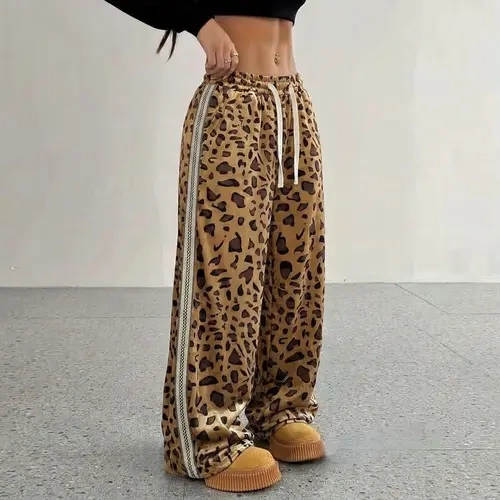 Women's Leopard Print Pants - Casual Street Drawstring Bottoms with Pockets for Spring, Autumn - Womenswear Bottoms
