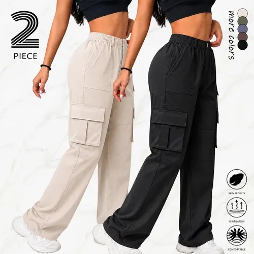 Women's 2-Pack Vintage Loose Cargo Pants - Non-Stretch Comfortable Trousers with Multiple Pockets, Elastic Waistband, Wide Straight Legs, Ideal for Casual Wear, Outdoor Activities