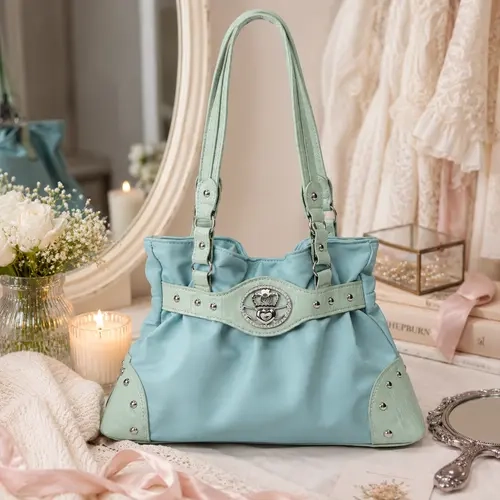 Vintage Y2K Hobo Shoulder Bag – Aesthetic Slouchy Purse with Western Heart Buckle & Studs, Women's Y2K Ruched Detail Shoulder Bag with Shoulder Strap, Snap Fastener for Daily Wear