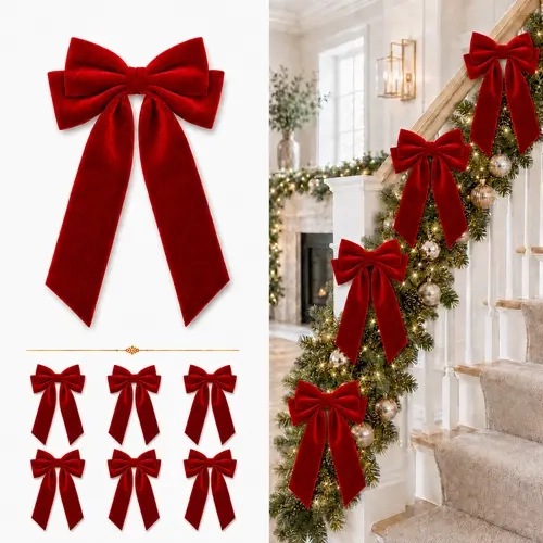 Senjie 10PCS Red Velvet Christmas Bows, Double Tail Ribbon Bows for Christmas Tree Decorations, Wreath, Garland, Staircase, Gift Wrapping & Holiday Home Decor