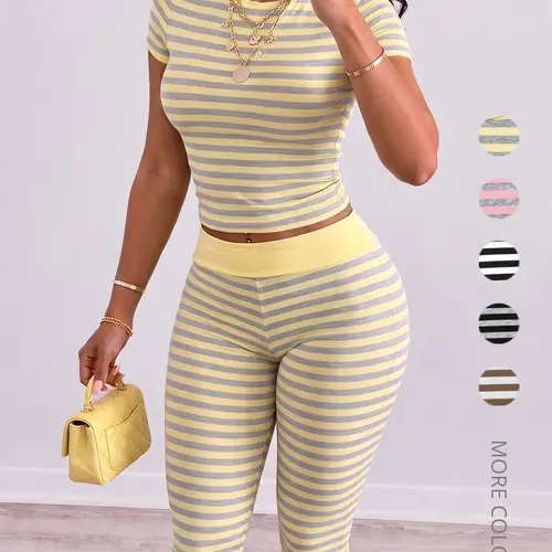 Women's Slim-Fit Striped Loungewear Set, Foldable Waist Design Short Pants, Cute Style, All Seasons