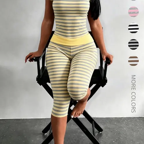 Striped Loungewear 2 Piece Set, Fold‑Over Waistband Capri Leggings Short Sleeve Pajamas Set for Women