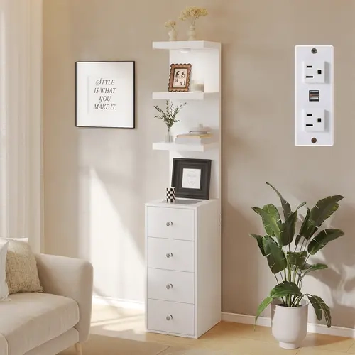 VOWNER 4 Drawers with 3 Tier Stand Shelf Modern Beside Table Nightstand with Glass Top, Outlet, LED Light for Vanity, Bedroom, Living Room, Makeup Organization