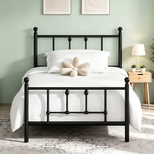 LEVELEVE 14-in Victorian Vintage Curved Metal Platform Bed Frame with Headboard, Footboard, Heavy-Duty Reinforced Slats, Underbed Storage, No Box Spring Needed, Easy Assembly, Black - Victorian Bed Frames, Dorm & Space Saving Storage Solutions, Platform B