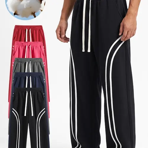 Men’s wide-leg sports pants with side double stripes, elastic drawstring waist, loose fit, street-casual style, with side pockets, available in multiple colors