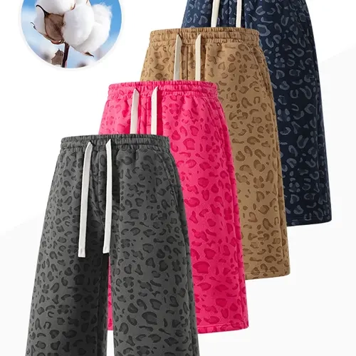 Unisex Oversized Knee-Length Casual Jogger Shorts, Leopard Print Wide Leg Sweat Shorts,  Waist with White Drawstring, Loose Streetwear Sports Shorts for Men and Women, Multiple Colors