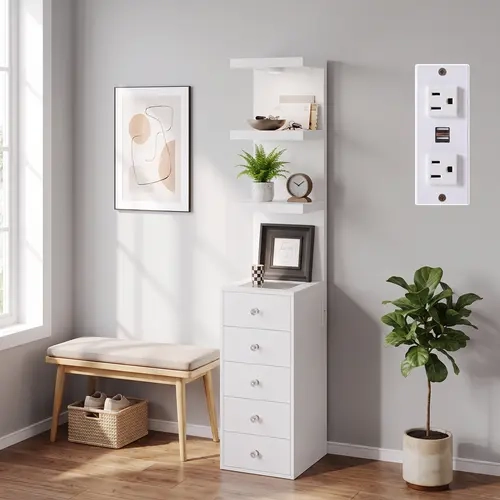 VOWNER 5 Drawers with 3 Tier Stand Shelf Modern Beside Table Nightstand, Storage Rack with Glass Top, Outlet, LED Light for Vanity, Bedroom, Living Room