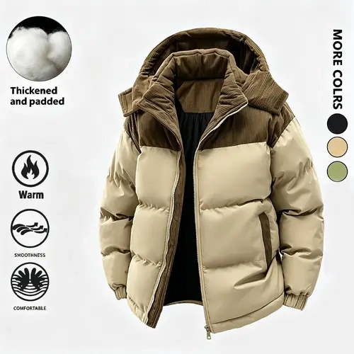 Men's New Winter Color-Block Hooded Jacket - Menswear Tops, Loose Cut, Contrasting Fabrics, Front Pockets, Outdoor Casual Layering Outerwear