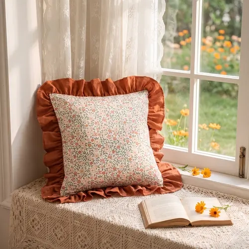 Monbix 2PCS 18x18in Floral Print Ruffle Throw Pillow Covers, Decorative Linens for Bed & Sofa
