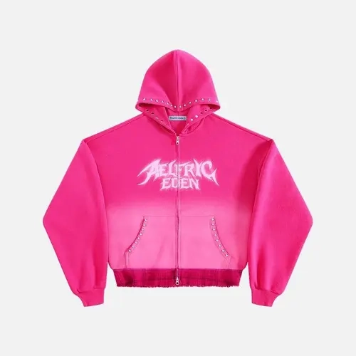Aelfric Eden Menswear Boxy Washed Studded Zip-Up Hoodie - Gothic Letter Graphic, Rhinestone Detail, Cropped Oversized Fit, Y2K Streetwear, Unisex Cotton-Polyester Plaid Sweatshirt