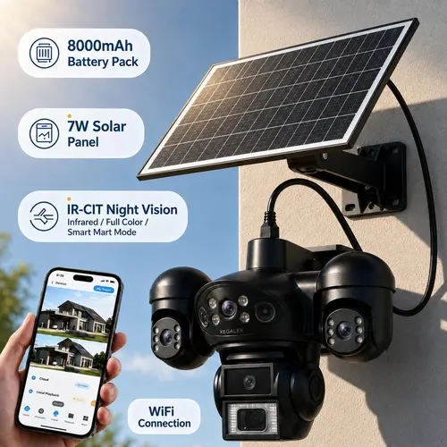 【Toolupgrade】4K Solar PTZ Surveillance Camera - Triple-Lens, 3-Angle Monitoring, 8000mAh Solar-Powered, IP66 Waterproof Wireless WiFi Device with Adjustable Audio, Easy Installation, Local Use for Home, Garage