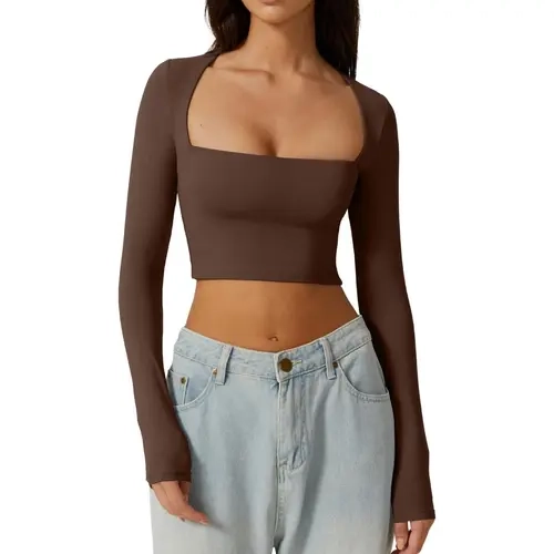 QINSEN Women's Sexy Square Neck Crop Top Long Sleeve Slim Fit Cropped T Shirts
