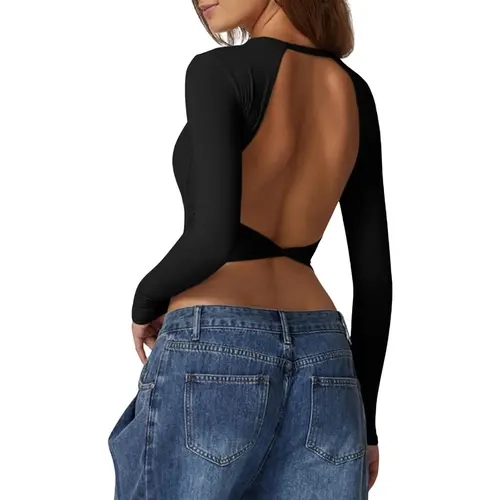 QINSEN Women's Crew Neck Open Crossover Back Long Sleeve Basic Crop Top Stretch Tee Shirt