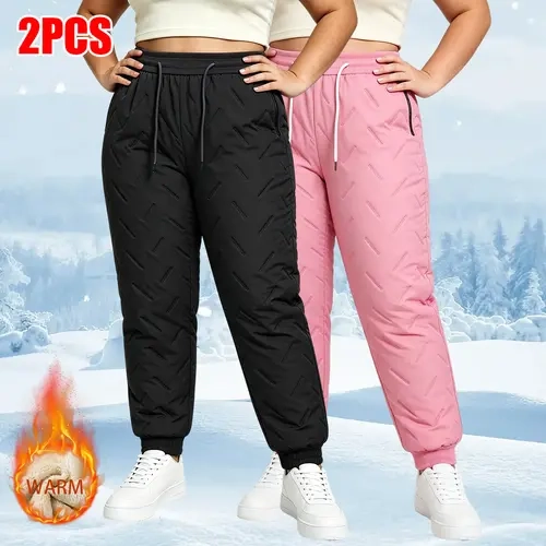 JOGWAVE Women's 2-Pack High Waisted Fleece-Lined Padded Winter Pants - Polyester Straight Cut, Full Length, Pocketed with Zip Pockets, Casual Street Trousers for Everyday & Outdoor Cold Weather, High Waisted Pants