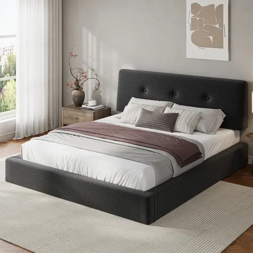 Raybee Cloud-Inspired Corduroy Platform Bed Frame with Ergonomic Headboard, Adjustable Height, Soft Padded Edges, Easy Assembly, 882 lbs Metal Support, No Box Spring Needed for Full Queen King Size