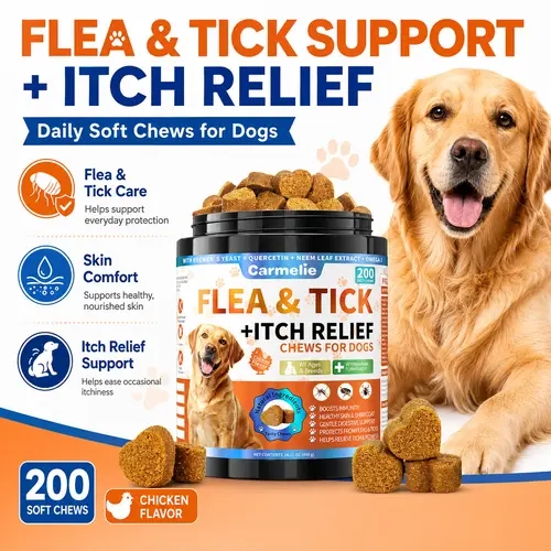 Carmelie Flea and Tick Support Chews for Dogs, Daily Prevention and Itch Relief, Seasonal Allergy, Skin and Coat Support with Omega-3, Chicken Flavor, 200 Soft Chews, All Breeds and Ages