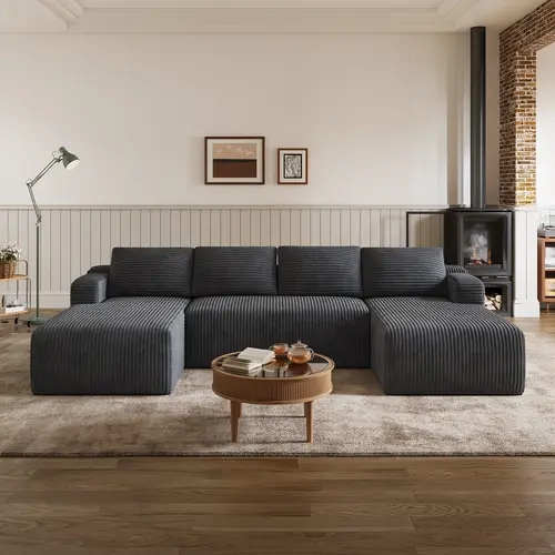 【2 Packages Shipping] U-Shape Plush Corduroy Velvet Modern Sofa with Deep Seat, Upholstered Couches for Living Room & Bedroom, No Assembly Required,Back To School