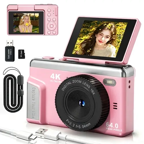 Digital Camera, 180° Flip Digital Camera with Autofocus for YouTube Video 16X Zoom Anti-Shake Compact Point and Shoot Cameras for Beginner Creator Vlogging Selfie Camera with SD Card
