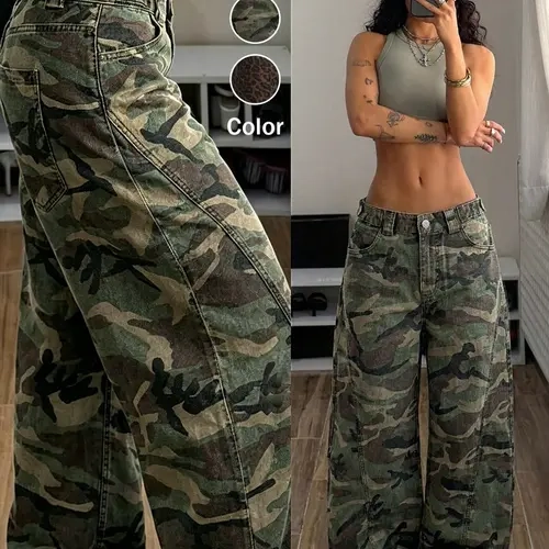 Women's Casual Camouflage Leopard Print Work Pants, Denim Wide Leg Jeans, Fashion Patchwork Design, Loose Fit, High Waist, Floor Length