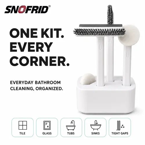 Snofrid 7-Piece Bathroom Cleaning Set with Storage Holder, Multi-Purpose Shower Scrubber Kit with Squeegee, Sponge Pad, Crevice Tool and Tweezers for Tub, Tile, Grout, Sink and Glass