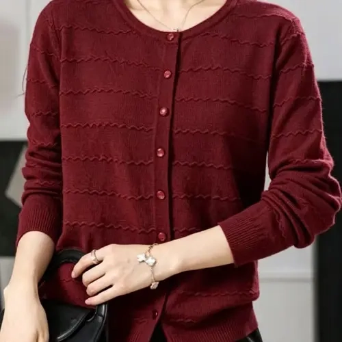 Round Neck Wave Pattern Textured Knit Cardigan, Stylish Women's Outerwear, Comfortable and Trendy Pullover, Perfect for Casual Wear, Knitwear