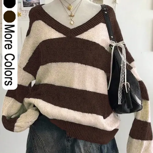 Women's Casual Loose-Fit Striped Knitted V-Neck Pullover, Long Sleeve Drop Shoulder Lantern Sleeve Sweater, Fall Fashion, Casual Pullovers
