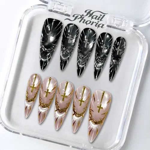 NailPhoria ECLIPSE HALO - Fall Handmade Press-On Nails | Reusable, Salon-Quality, Long-Lasting, Glossy Design - Long Stiletto 33mm