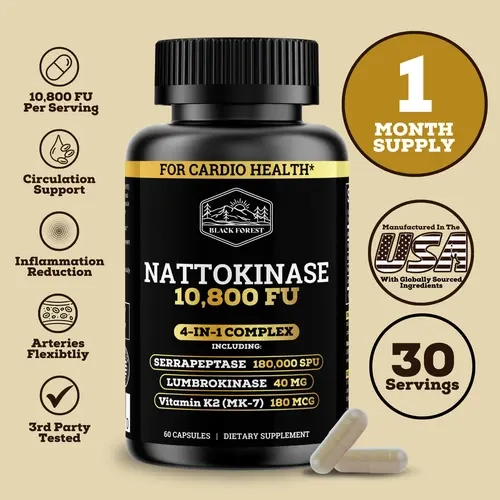 Black Forest Nattokinase 4-in-1 Cardio Complex Japanese Natto-Derived, 10,800 FU, 60 Vegan Capsules for Blood Flow, Heart Health & BP Control — Dietary Health Supplement Capsules