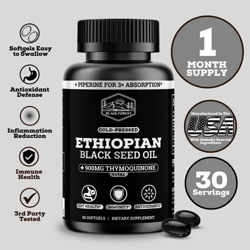 Black Forest Ethiopian Black Seed Oil 1000MG Antioxidant Softgels - Cold-Pressed, 10X Thymoquinone, Immune Boost Support, Digestive Health, Dietary Nutrition Oil Capsule (30 Multiple Servings)