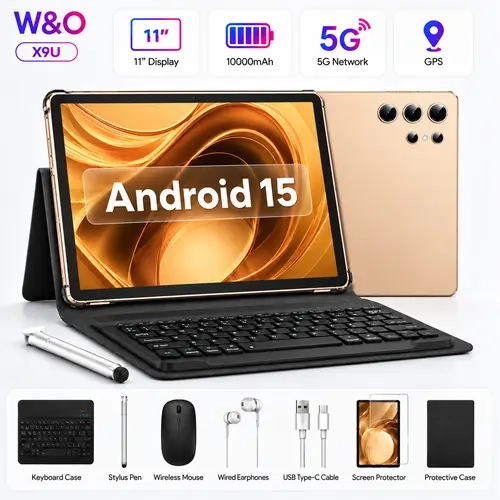 W&O X9U 2026 Android 15 Tablet - 11" Display, Big Storage, 10000mAh Battery, 5G WiFi, GPS, Keyboard, Mouse & Stylus Bundle, Back to School Tablet for Students, Study, Work & Entertainment